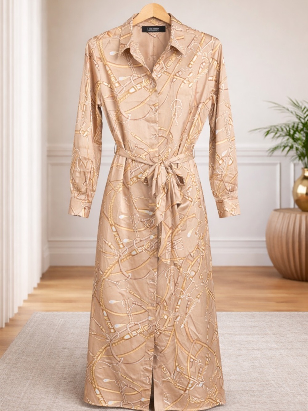 Ralph Lauren Beige Midi Dress with Gold Equestrian Twill Shirtdress - Picture 3 of 9